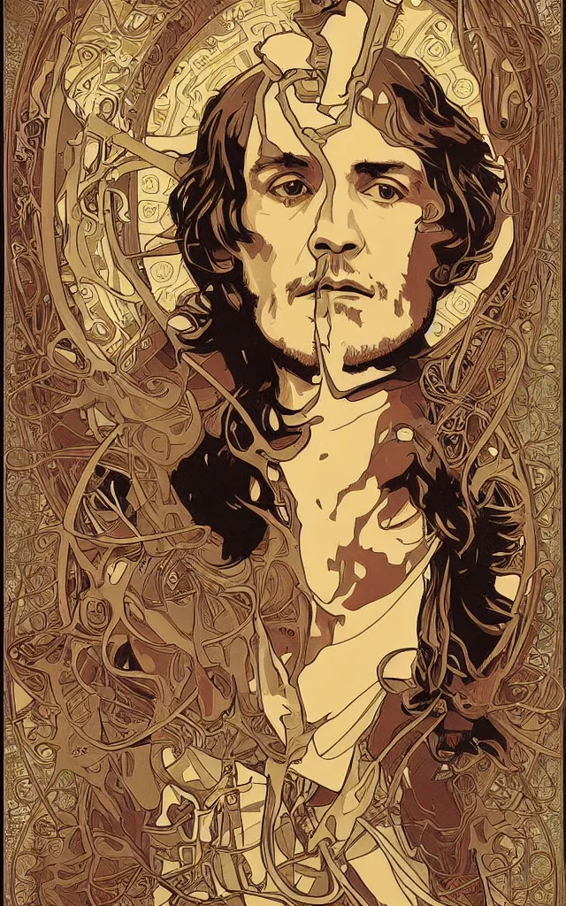 Image similar to Will Graham from NBCs Hannibal in portrait Alphonse Mucha art nouveau style, detailed high definition poster, photorealistic brutal artwork, featured on artstation, powerful, high definition, large file size, advertisement