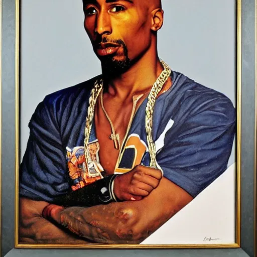 Image similar to a portrait painting of Tupac shakur. Painted by Norman Rockwell