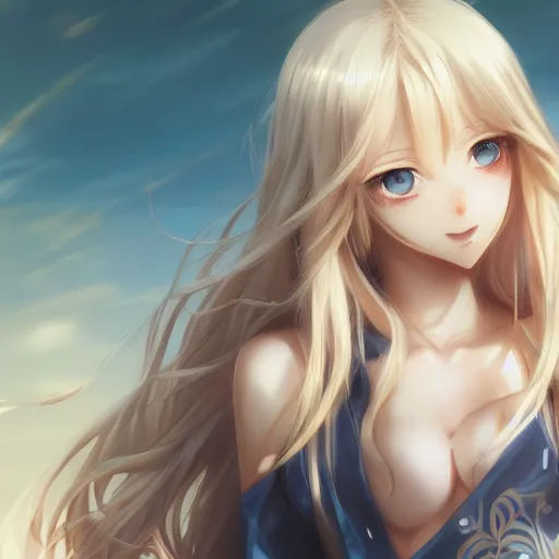 Image similar to a very beautiful anime cute girl, full body, long wavy blond hair, sky blue eyes, full round face, short smile, fancy top, miniskirt, front view, medium shot, mid-shot, highly detailed, cinematic wallpaper by Stanley Artgerm Lau