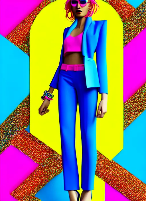 Prompt: bright trouser suit for a rave, bright colors, many details, prints, photo for a magazine, photo for a store, fashion photography, Vogue, 135 mm, cinematic, hyper realism, high detail, 8k, dynamic pose,Smooth skin, perfect face