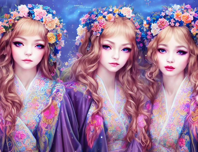 Image similar to two beautiful fashion siberian girls wear fantasy kimono in festival | | big eyes, sunny, dreamlike art, realistic shaded, smile, good looking, hyper details, 4 k realistic, cryengine, realistic shaded lighting poster by artgerm, ross tran, fuji choko, loish, 8 k resolution, trending on artstation, luxury