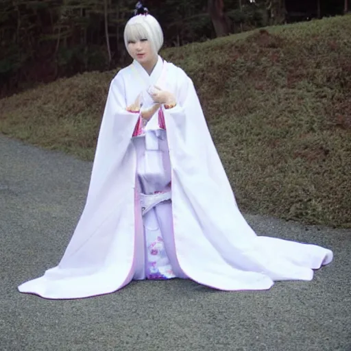 Prompt: full body shot of a japanese princess young lady, beauty, with a long white, white hair, ayaka cosplay