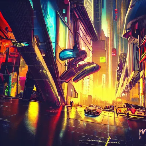 Image similar to beautiful graffiti on a wall, cyberpunk city, happy mood, futuristic, high detail, sunset, photorealistic