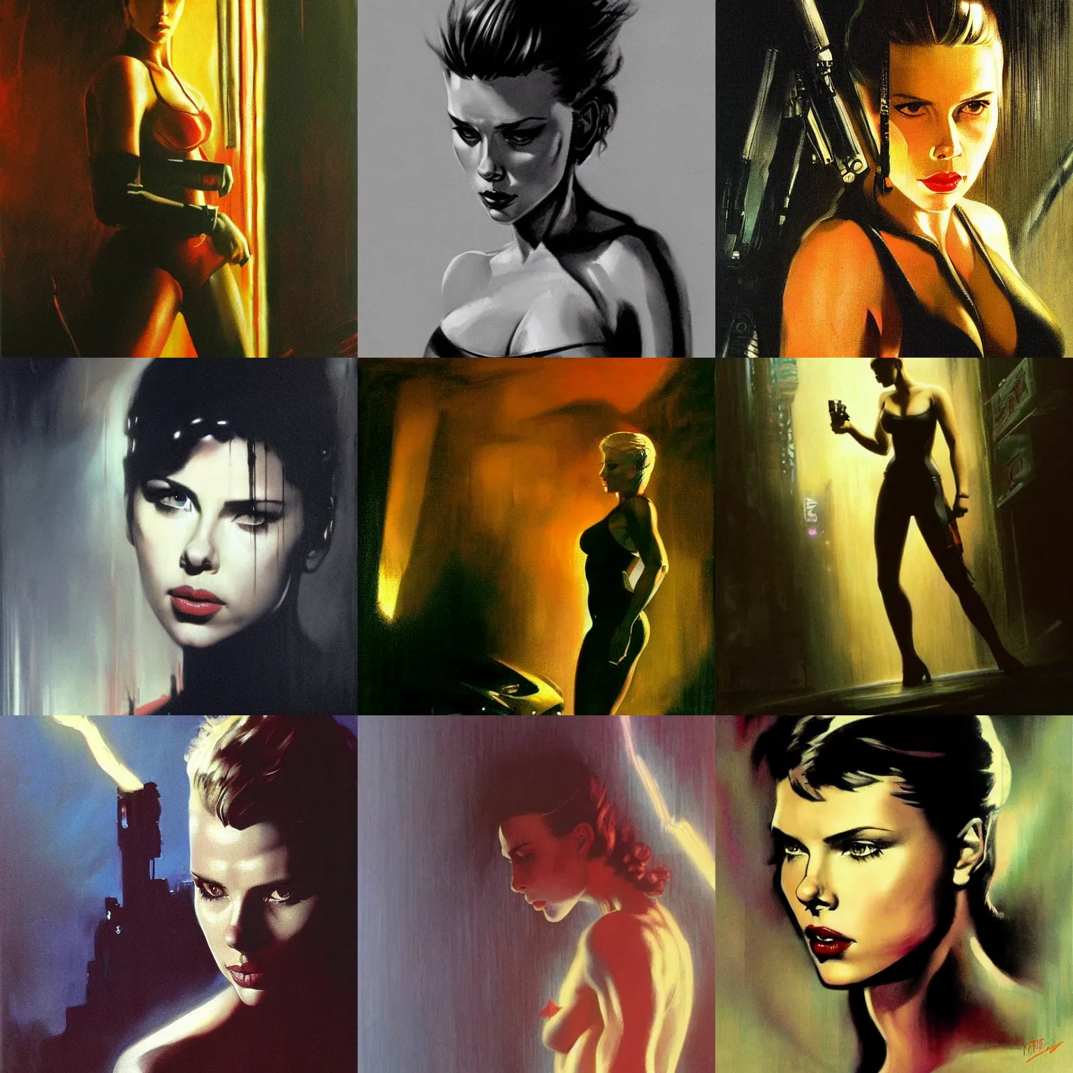 Prompt: frank frazetta scarlett johansson as blade runner, dramatic lighting, hyper realism,