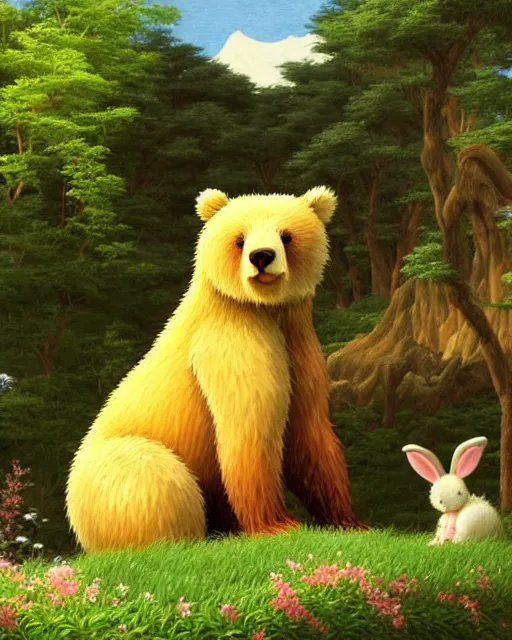 Prompt: a bear with rabbit ears, sitting in tokyo, city, sunny day, highly detailed, masterpiece, award winning, realistic, art by thomas cole and studio ghibli