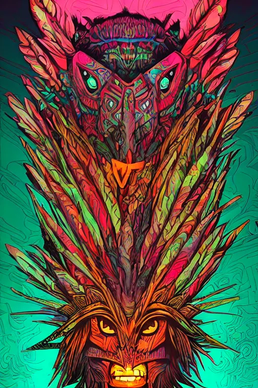 Image similar to totem animal tribal chaman vodoo mask feather gemstone plant wood rock video game illustration vivid color borderlands by josan gonzales and dan mumford radiating a glowing aura