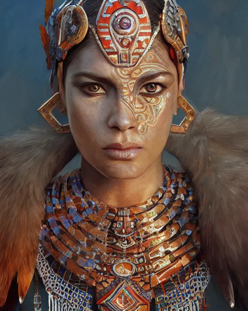 Prompt: ultra realistic stunning aztec warrior, fantasy, intricate, elegant, highly detailed, digital painting, artstation, concept art, smooth, sharp focus, illustration, edge highlights, beautiful light and shadows, art by krenz cushart and greg rutkowski and sachin teng and sergey kolesov and ruan jia and heng z