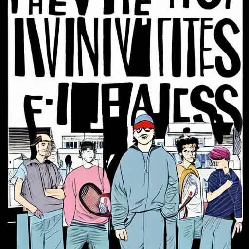 Image similar to the cover of the graphic novel version of david foster wallace's book infinite jest, featuring boys at a tennis academy, a videotape that puts you into a coma, and a recovering alcoholic trying to leave a life of crime, art by seth, chris ware, and charles burns