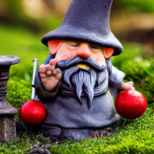 Image similar to garden gnomes bilbo's birthday party, gandalf, fireworks, frodo, pippin, merry, cute, tilt shift, award winning, highly textured