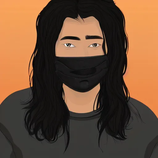 Image similar to professional digital art of a young adult man with slightly long hair wearing a black face mask and an oversized dark sweatshirt and dark sweatpants, high quality, HD, 8K, highly detailed, award-winning, sci-fi, fantasy, movie