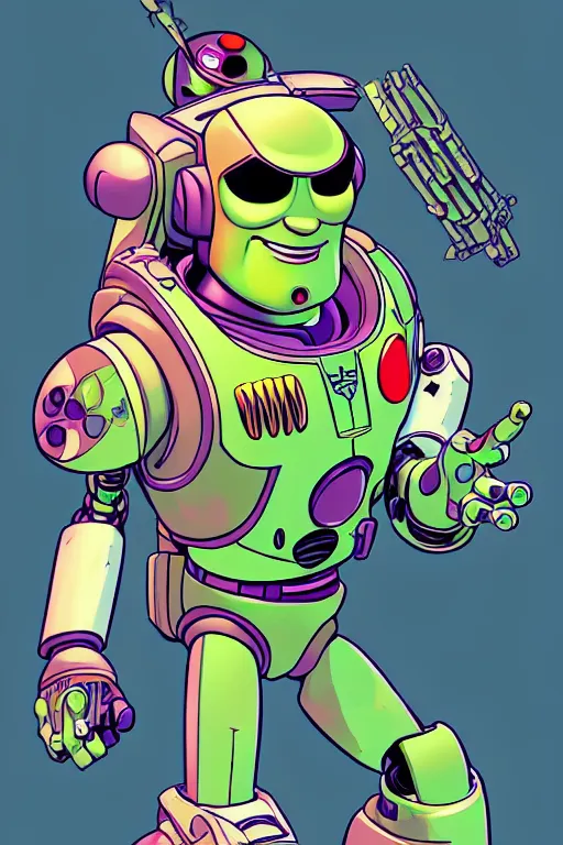 Prompt: a study of cell shaded portrait of Buzz Lightyear as a robot Borderlands 3 character, llustration, post grunge, concept art by josan gonzales and wlop, by james jean, Victo ngai, David Rubín, Mike Mignola, Laurie Greasley, highly detailed, sharp focus, alien, Trending on Artstation, HQ, deviantart, art by artgem