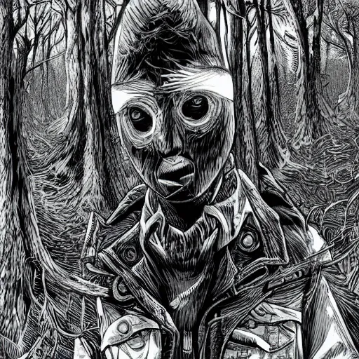 Image similar to hyper-detailed digital painting of a masked man in a dark forest, by kim jung gi