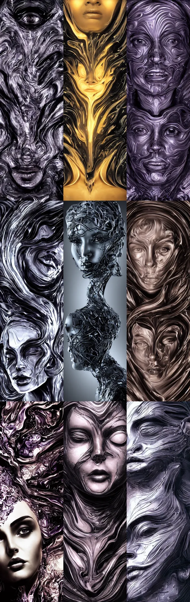 Prompt: epic illustration, digital abstract sculpt of beautiful female face and black swirling latex acrylic portrait, black latex sculpt, close up portrait, mechanical superstructure, sacred geometry, glowing edges, magic hour, beautiful light, sculpture of carving marble, dark colors, dark mood, one point light, clockwork, epic matte painting, concept art, bokeh, digital painting, artstation