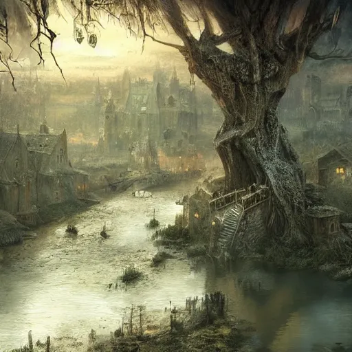 Image similar to town town town ancient hollow tree tree tree airborne airborne view of a downtrodden medieval town by a river in a swamp with a tall ancient hollow tree in its center, 4k, by Greg Rutkowski, fantasy, mix of celtic and Rus architecture, cinematic