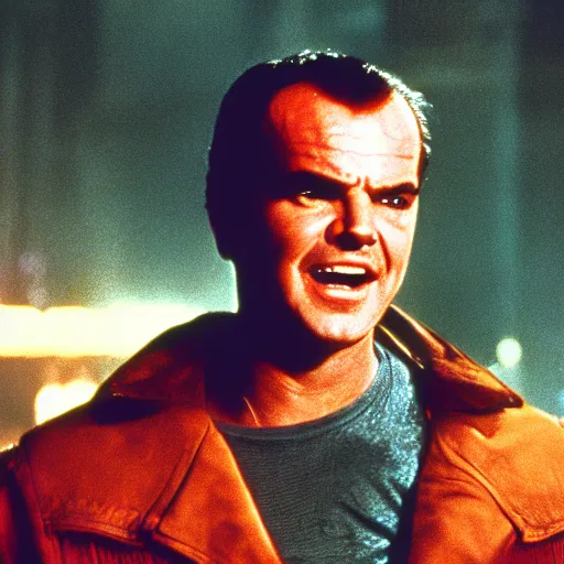 Prompt: very young Jack Nicholson as Rick Deckard on blade runner 1982, smiling, wide angle lens, 35mm, movie still, city lights on the background, in color, movie frame, detailed face, symmetrical face, 4k