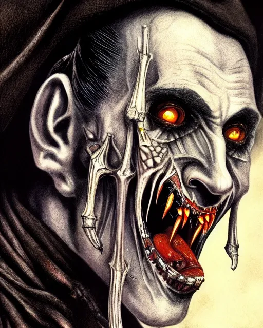 Prompt: dracula, character portrait, close up, concept art, intricate details, highly detailed, photorealism, hyperrealism in the style of otto dix and h. r giger