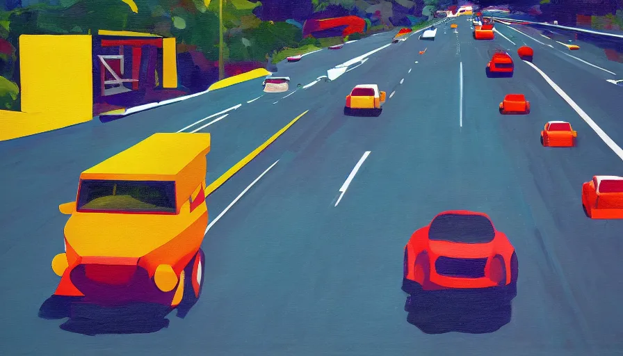 Prompt: a geometric, colourful, painting of a car driving down a highway