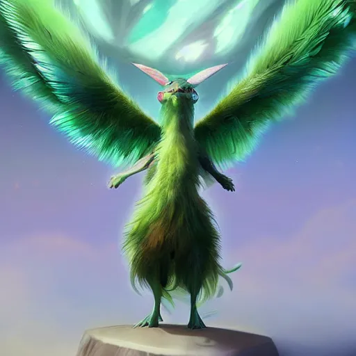 Prompt: a cute beautiful earth type pokemon, green feathers bursting out of his hair, full body shot, highly detailed digital art, 3 d perspective, award - winning illustration, aesthetic, smooth, pokemon style, made by greg rutkowski, with an alien landscape in the background