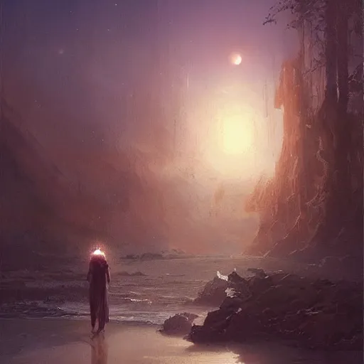 Prompt: serenity would you stare forever at the sun and never watch the moon rising? would you walk forever in the light to never learn the secret of the quiet night? painted by greg rutkowski, wlop,