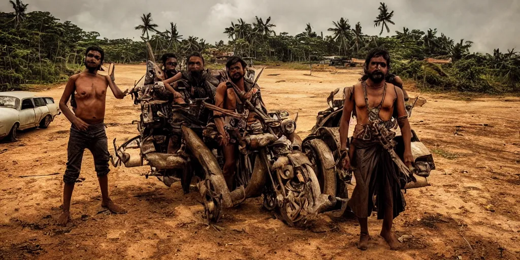 Image similar to sri lankan mad max style, film still, epic shot cinematography, rule of thirds