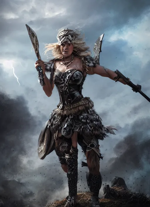 Prompt: angry valkyrie woman warrior in the aftermath battlefield, detailed scenic view, intricate details, hyper realistic, dramatic lightning, 8k resolution, cinematic composition, trending on artstation