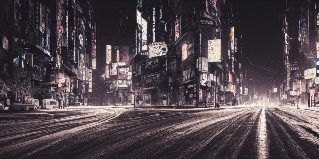 Image similar to a city street at night, snowing, photograph, cyberpunk, sharp focus, intricate detail, Desolate, drone shot, high resolution, 8k neon streetlights