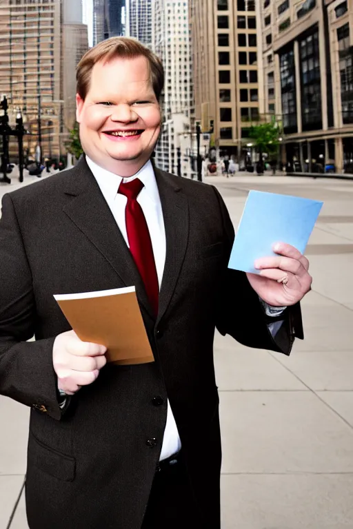 Image similar to full length body shot, andy richter wearing a brown suit and necktie and black boots, ultra hd photo, 3 5 mm close up, fish eye, realistic, smiling, holding a postcard from chicago,