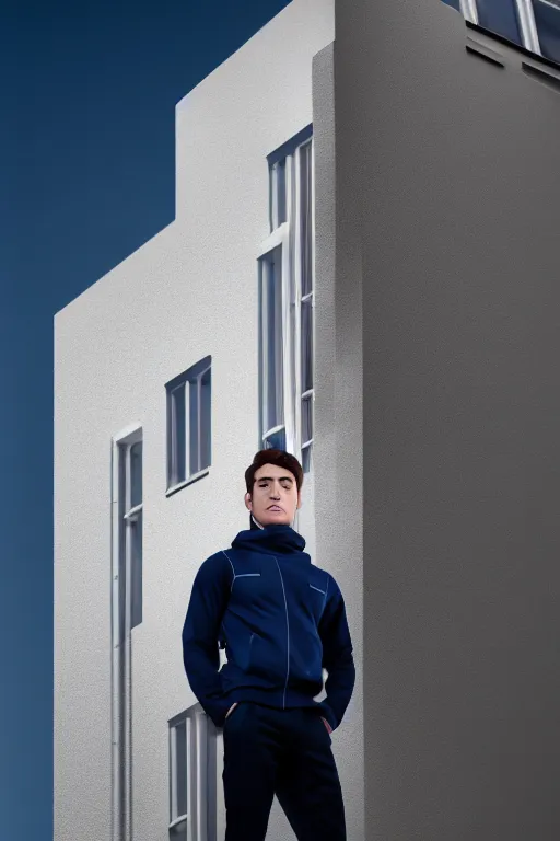 Image similar to un ultra high definition studio quality photographic art portrait of a young man standing on the rooftop of a british apartment building wearing soft padded silver pearlescent clothing. three point light. extremely detailed. golden ratio, ray tracing, volumetric light, shallow depth of field. set dressed.