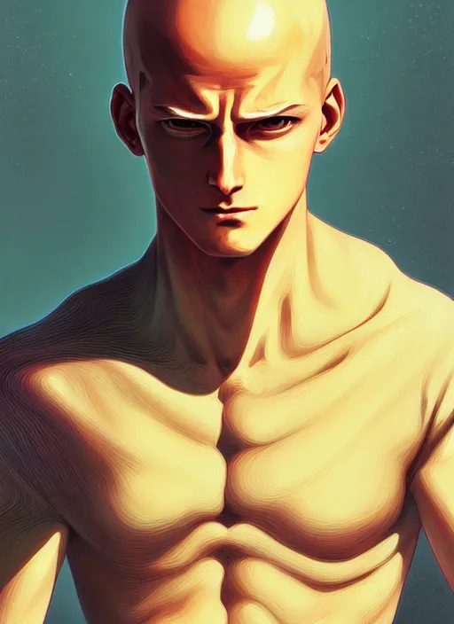 Image similar to handsome saitama, half body shot, path traced, highly detailed, high quality, digital painting, alena aenami, lilia alvarado, shinji aramaki, karol bak, alphonse mucha, tom bagshaw