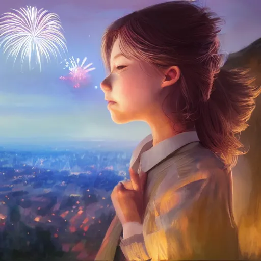 Image similar to girl watching watching fireworks on a hill, digital art, by ben weiner, richard estes, range murata, akiyuki shinbou, yoshitaka amano highly detailed, realistic, cinematic, bold colours, photorealism, 4 k, wide angle lens, trending on artstation