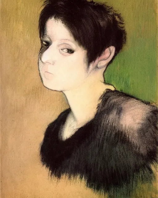 Image similar to A goth portrait painted by Edgar Degas. Her hair is dark brown and cut into a short, messy pixie cut. She has a slightly rounded face, with a pointed chin, large entirely-black eyes, and a small nose. She is wearing a black tank top, a black leather jacket, a black knee-length skirt, a black choker, and black leather boots.