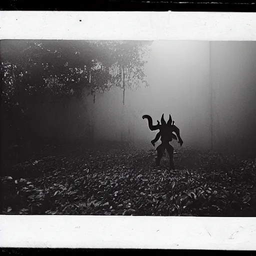 Image similar to an ancient demon-clown devouring a soul on an abandoned mad house, Colombian jungle, mist, 1910 polaroid photography, grainy film, resident evil, Black and white