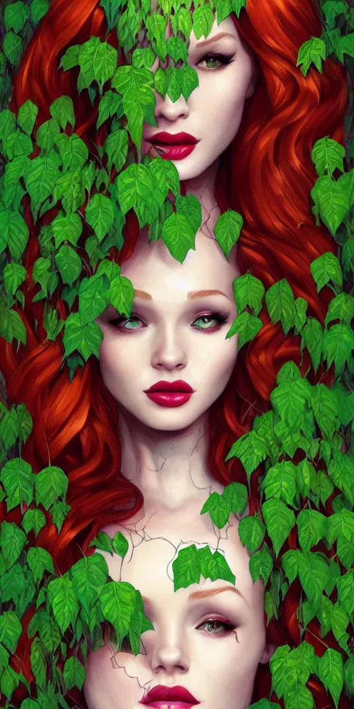 Prompt: beautiful Madelaine Petsch poison ivy DC comics, evil smile, realistic character concept, fun pose, comic book, illustration, slender symmetrical face and body, surrounded by vines and plants, artstation, cinematic lighting, hyperdetailed, high resolution, Charlie Bowater, Tom Bagshaw, single face, insanely detailed and intricate, beautiful