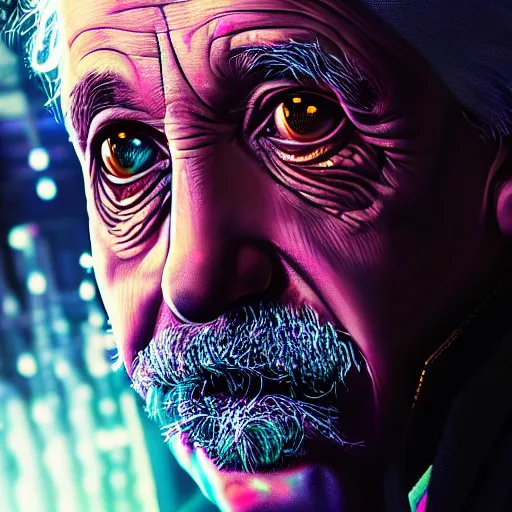 Image similar to beautiful hyper detailed illustration, high detailed portrait of albert einstein, cyberpunk2077, cyberpunk, neon, light, artstation, digital illustration