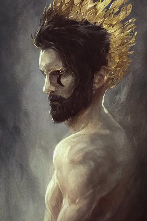 Image similar to a masculine elegant man from sideview and wearing golden laurel wreath, ethereal horror fantasy art by greg rutkowski and magali villanueve and monet con