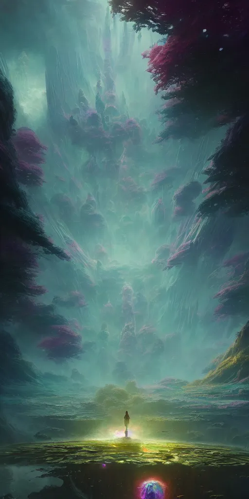 Image similar to a psychedelic realm hidden away in a pocket of ethereal understanding, astral and alien city, in the style of greg rutkowski, and wlop, and lisa frank, and bob ross, and ruan jia, illustration, epic, fantasy, hyper detailed, smooth, unreal engine, sharp focus, ray tracing