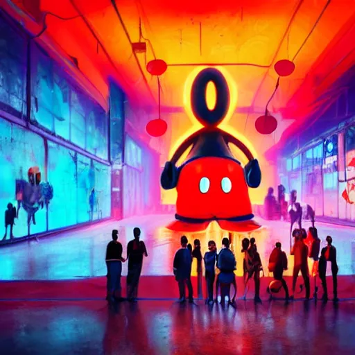 Image similar to a group of people standing around a giant bloody mickey mouse, cyberpunk art by david lachapelle, cgsociety, dystopian art by industrial light and magic, netflix neon logo concept art, neons, interior