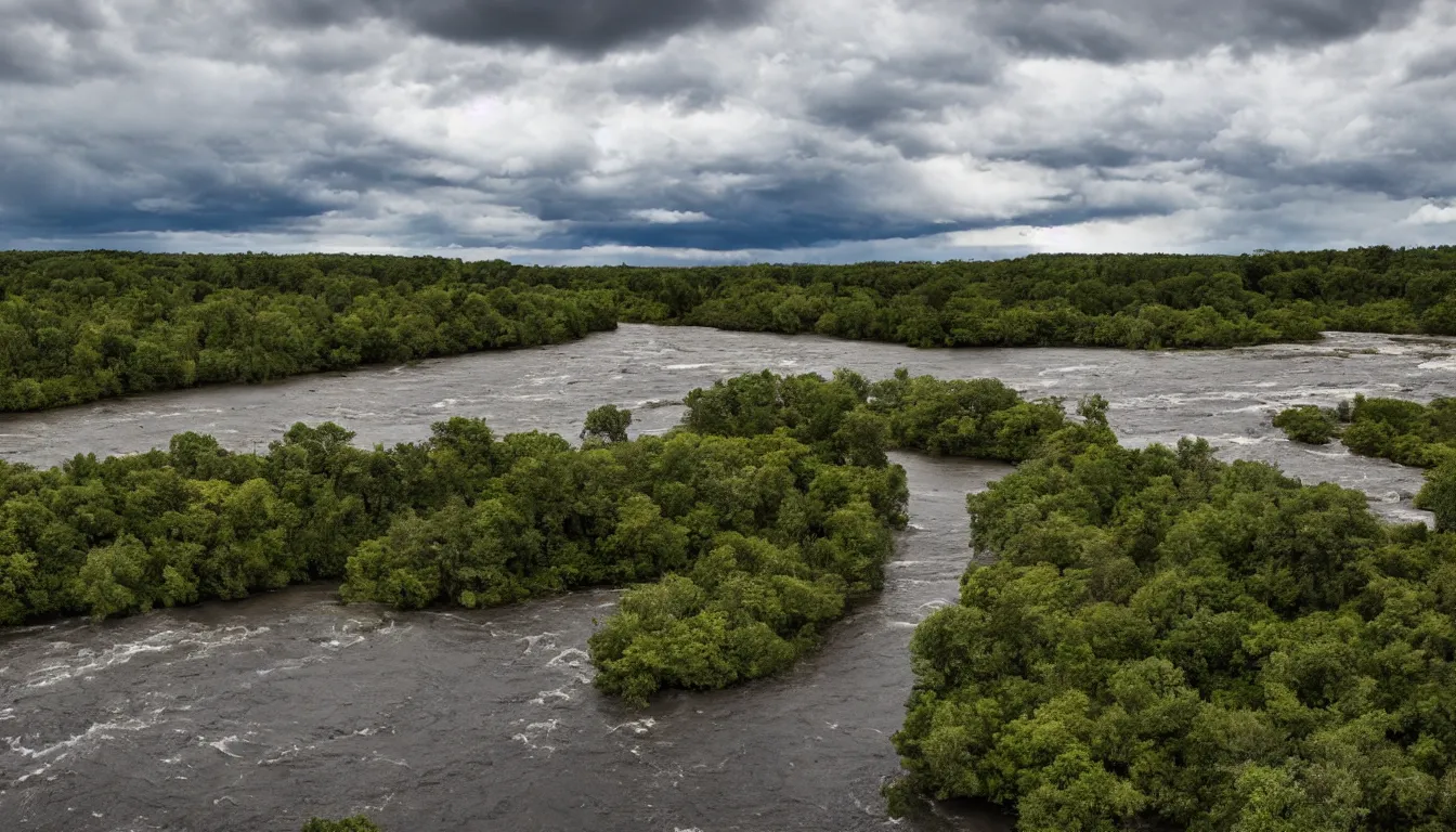 Image similar to barren river with large storm clouds and a single island