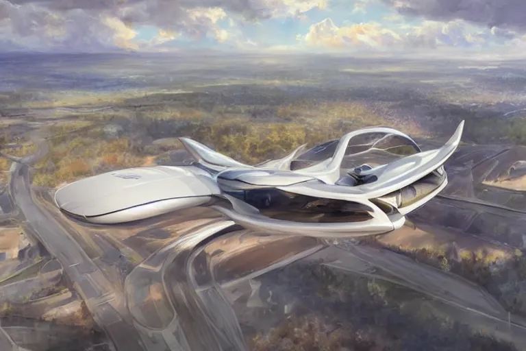 Prompt: futuristic flying vehicle concept on highway, painting by sydney mead, highly detailed, soft lighting, 8 k resolution, oil on canvas, architectural magazine