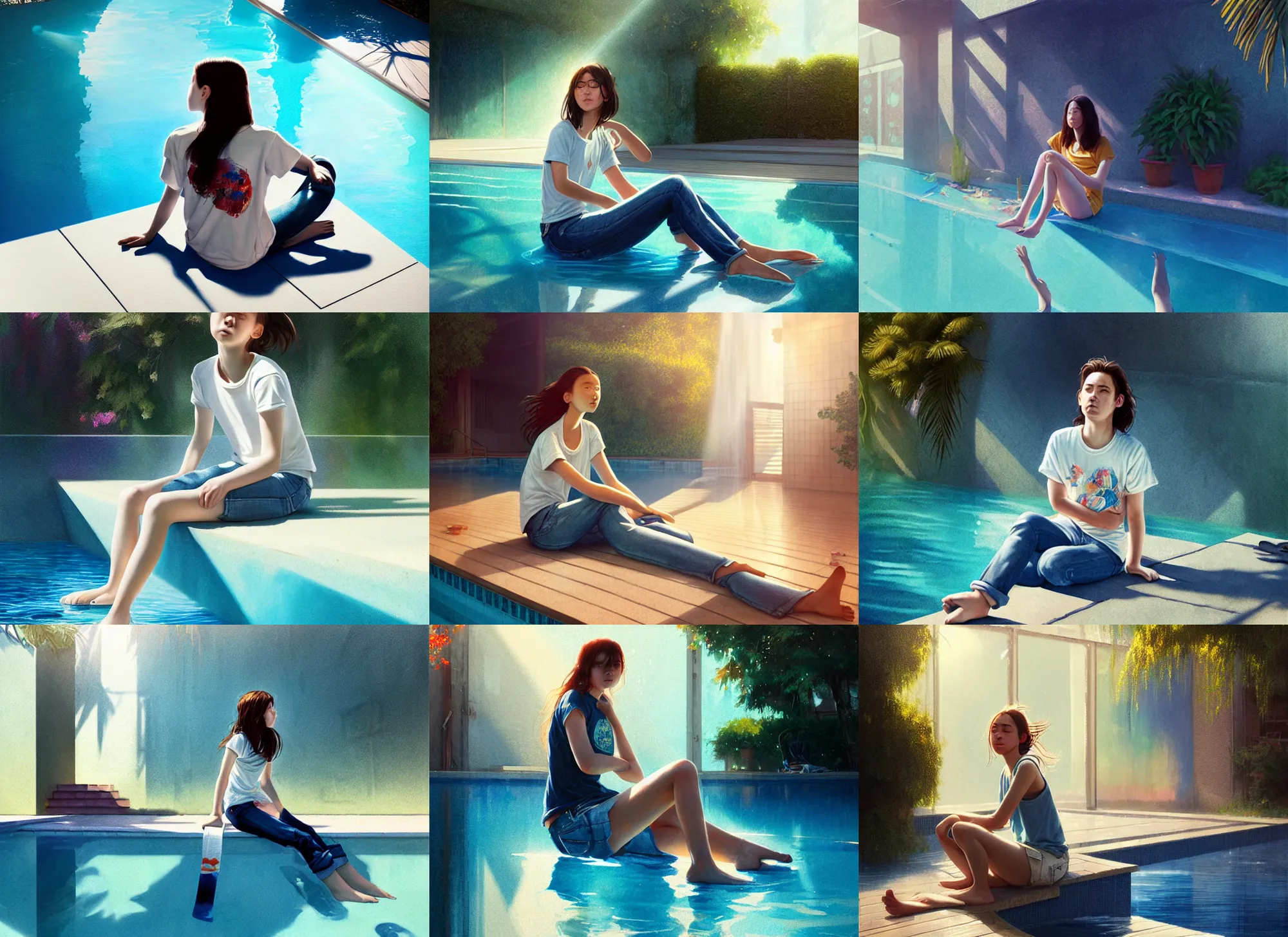 Prompt: girl sitting in jeans and a t - shirt on the side of a pool, sunny, bright, reflections, intricate, sharp focus, lens flare, bloom, illustration, highly detailed, digital painting, concept art, matte, art by ruan jia and wlop and greg rutkowski, masterpiece