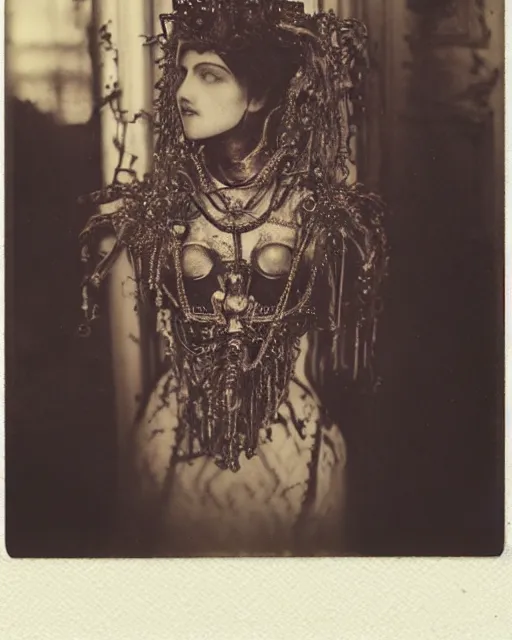 Image similar to a beautiful detailed front view portrait of a dead rotten princess with cyberpunk ornate growing around, ornamentation, elegant, beautifully soft and dramatic lit, polaroid 1 9 1 0 photo