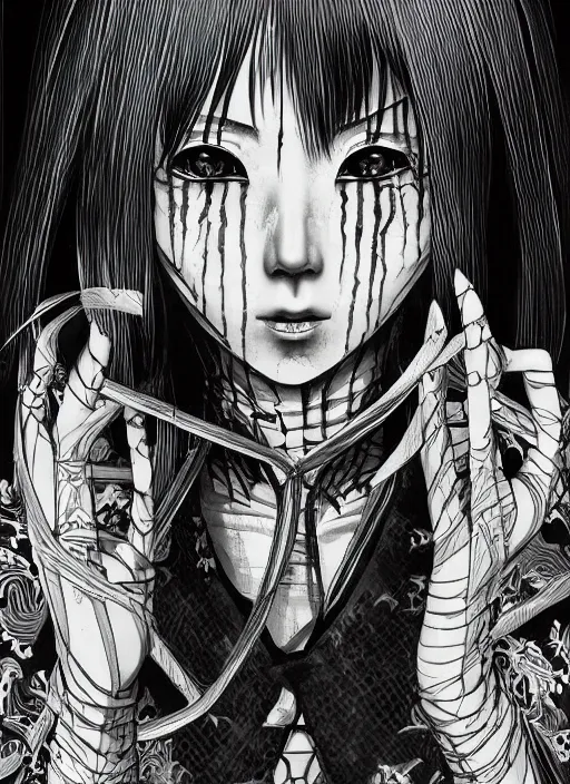 Image similar to digital _ painting _ of _ japanese horror manga horror black and white _ by _ filipe _ pagliuso _ and _ justin _ gerard _ symmetric _ fantasy _ highly _ detailed _ realistic _ intricate _ port