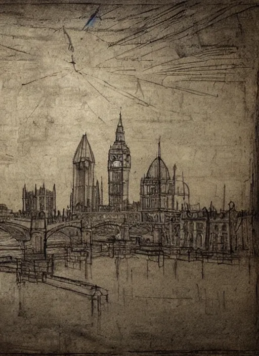 Prompt: sketch by da vinci of the london skyline