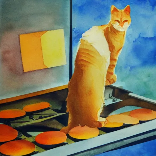 Prompt: filmic excited glowing island square ginger cat xylophone neutron steel, by jeff easley and edward hopper and robert rauschenberg, watercolor, 4 k, low poly