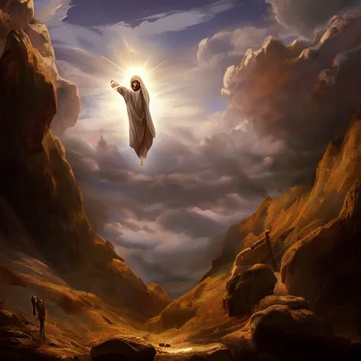 Image similar to Jesus ascending into heaven, beautiful landscape, dramatic lighting, cinematic, establishing shot, extremly high detail, cinematic lighting, post processed, concept art, artstation, matte painting, style by Michelangelo