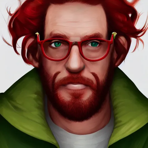 Prompt: portrait of a middle age man balding red hair and freckles and wearing glasses with green eyes, goofy, 8 k, highly detailed, digital painting, artstation, sharp focus, illustration