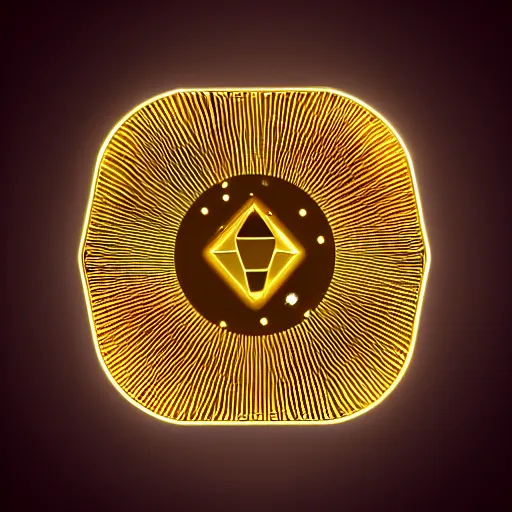 Image similar to magic golden computer chip with a glowing flat crystal in the center, product photo, macro, trending on artstation