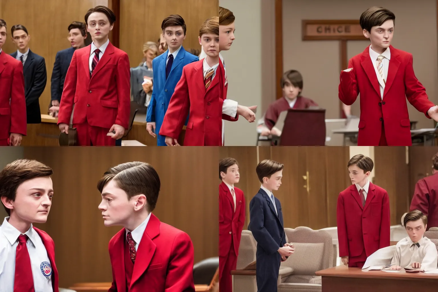 Prompt: Noah Schnapp playing Apollo Justice in a live action adaptation of Ace Attorney, film still, courtroom scene, red suit,