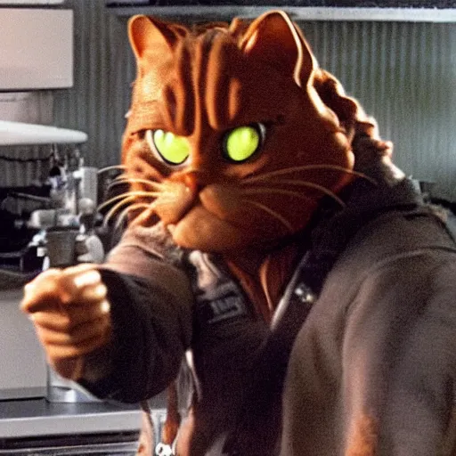 Image similar to A still of a realistic Garfield in The Terminator