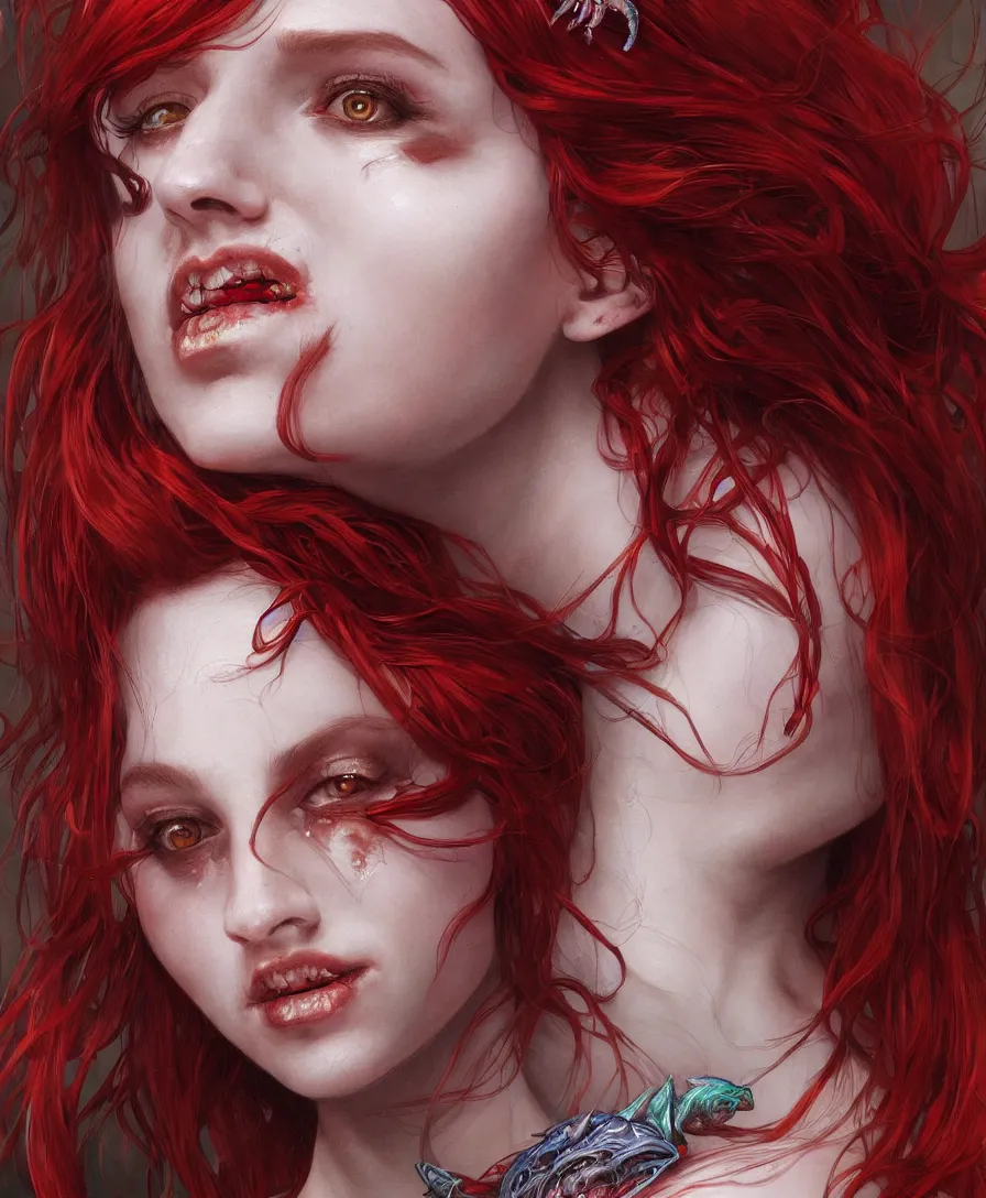 Prompt: Hyperrealistic close-up portrait of zombie mermaid young woman with red hair, D&D, fantasy, intricate, elegant, highly detailed, digital painting, artstation, concept art, smooth, sharp focus, illustration, art by artgerm and greg rutkowski and alphonse mucha